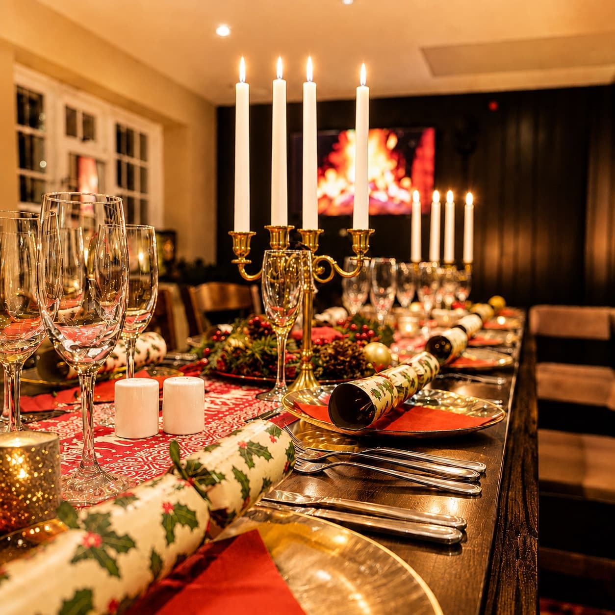 A long table laid for a Christmas party with crackers, candles, glassware and a festive runner