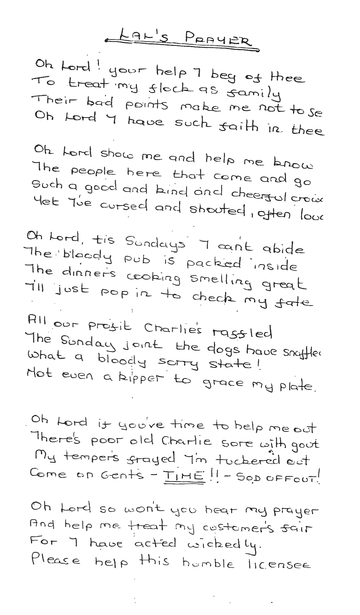 The original handwritten manuscript of Lal's Prayer by Lal Eeles, landlady of The Anchor