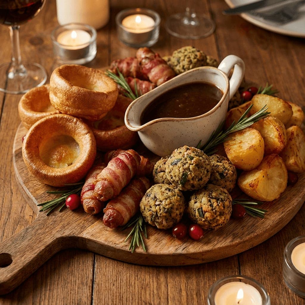 Christmas trimmings board at The Anchor pub near Staines with Yorkshire puddings and pigs in blankets