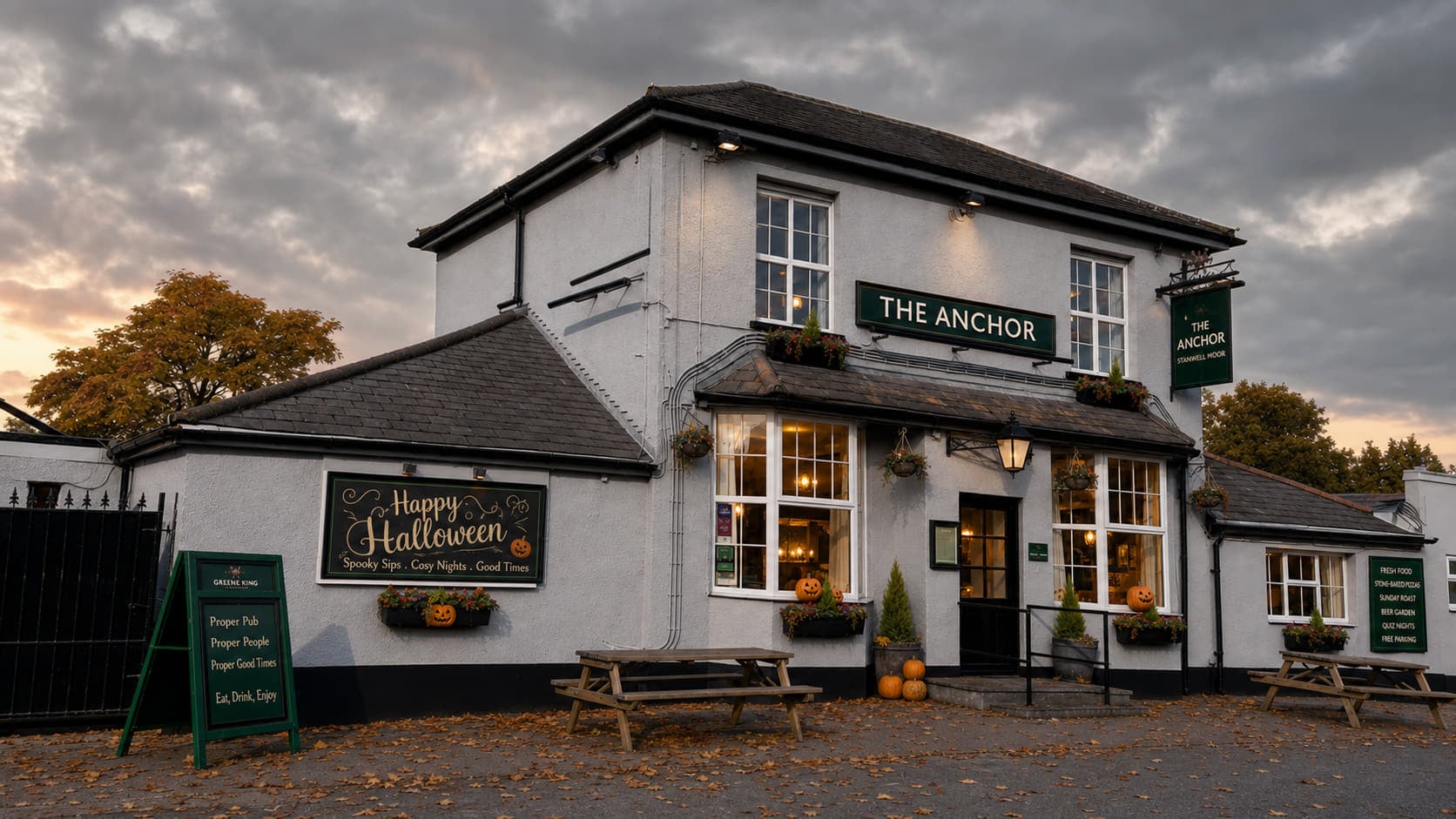 The Anchor pub softly lit with welcoming Halloween decorations.