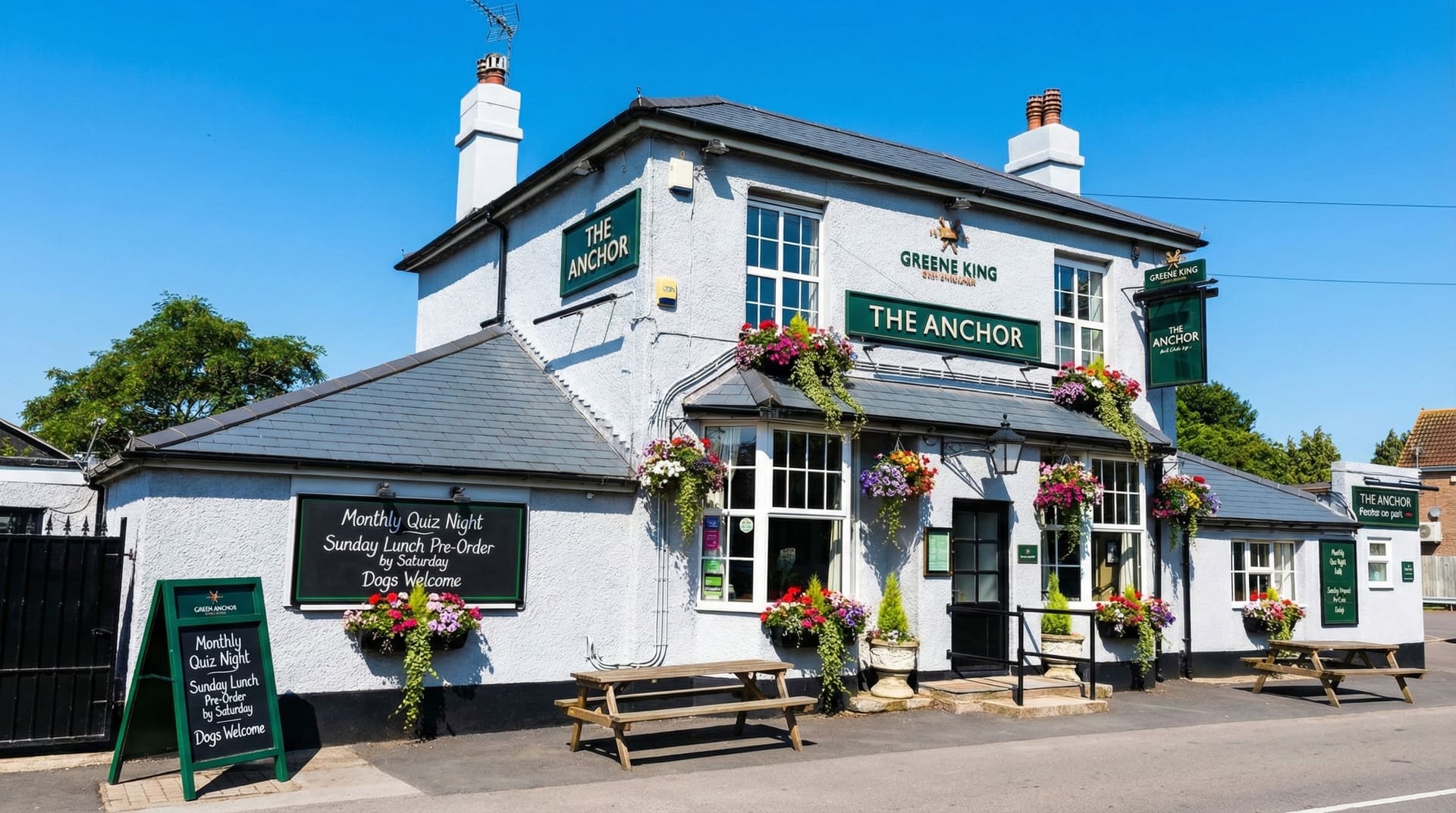 The Anchor pub beer garden enjoying gentle summer sunshine.