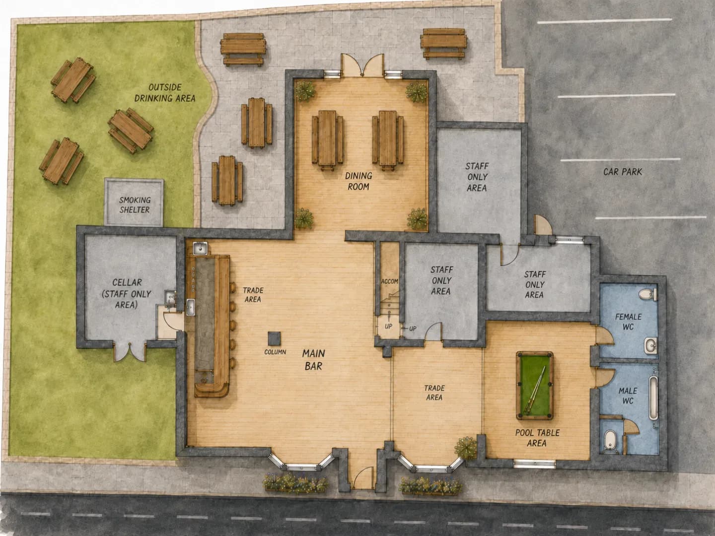 Illustrated floor plan of The Anchor showing the outside drinking area, dining room, main bar, pool table area and car park