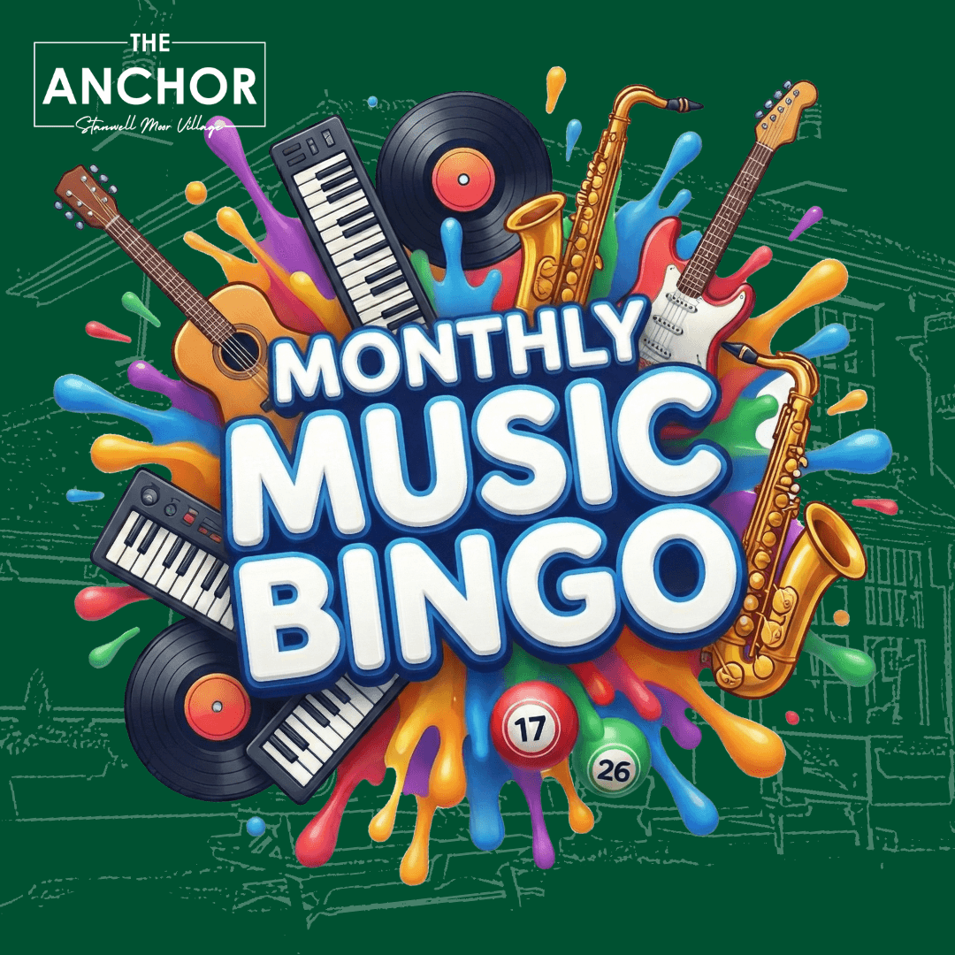 Music Bingo cards and music-themed game at The Anchor pub in Stanwell Moor