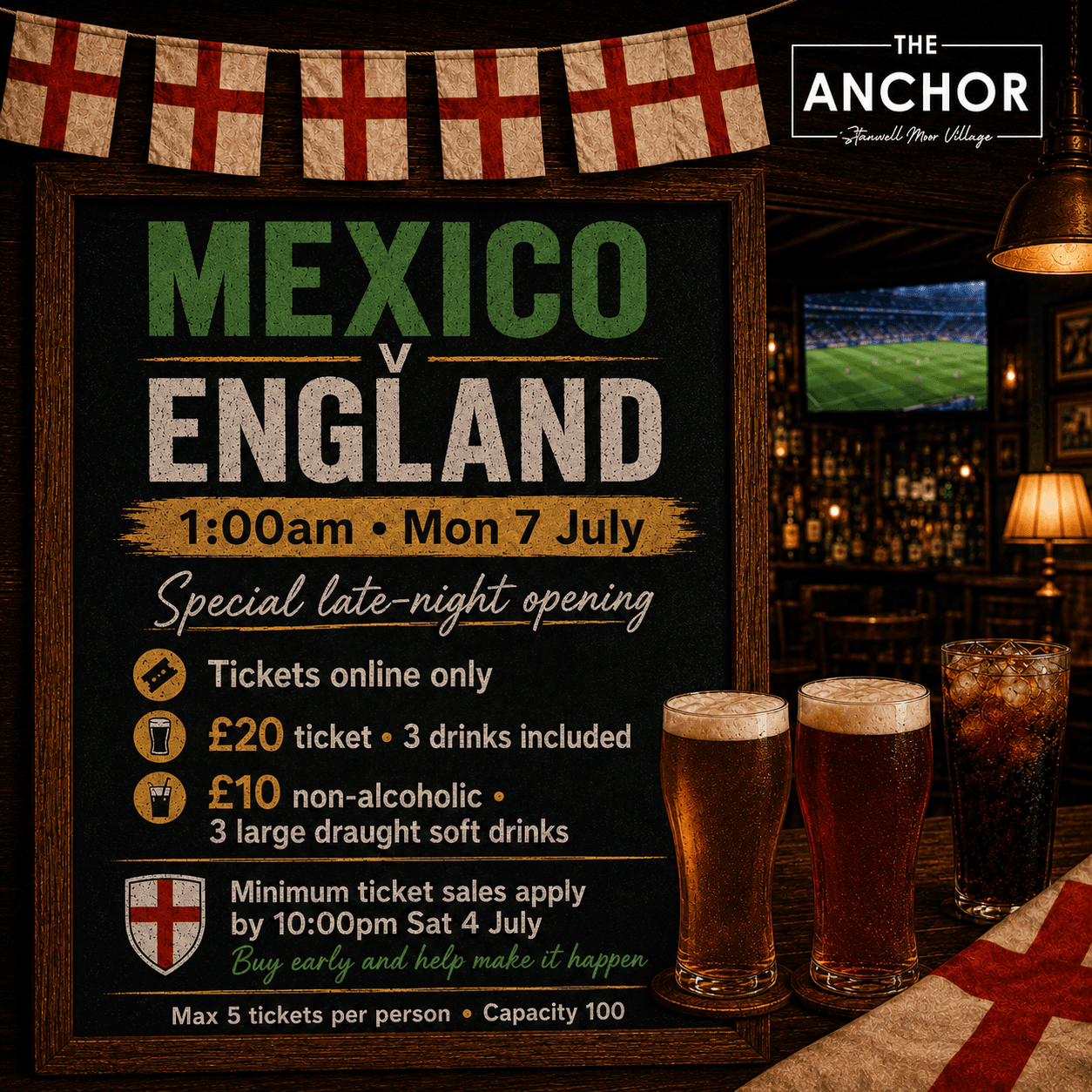 Fans enjoying the Mexico v England pub screening at The Anchor in Stanwell Moor.