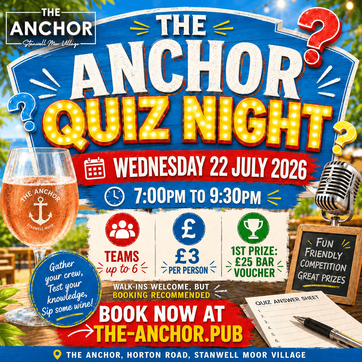 A lively quiz night at The Anchor with teams enjoying trivia and laughter.