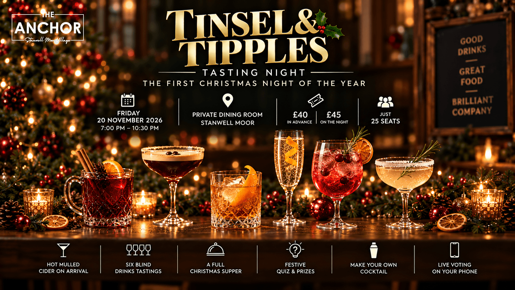 A fun Tasting Night at The Anchor featuring festive drinks and food.