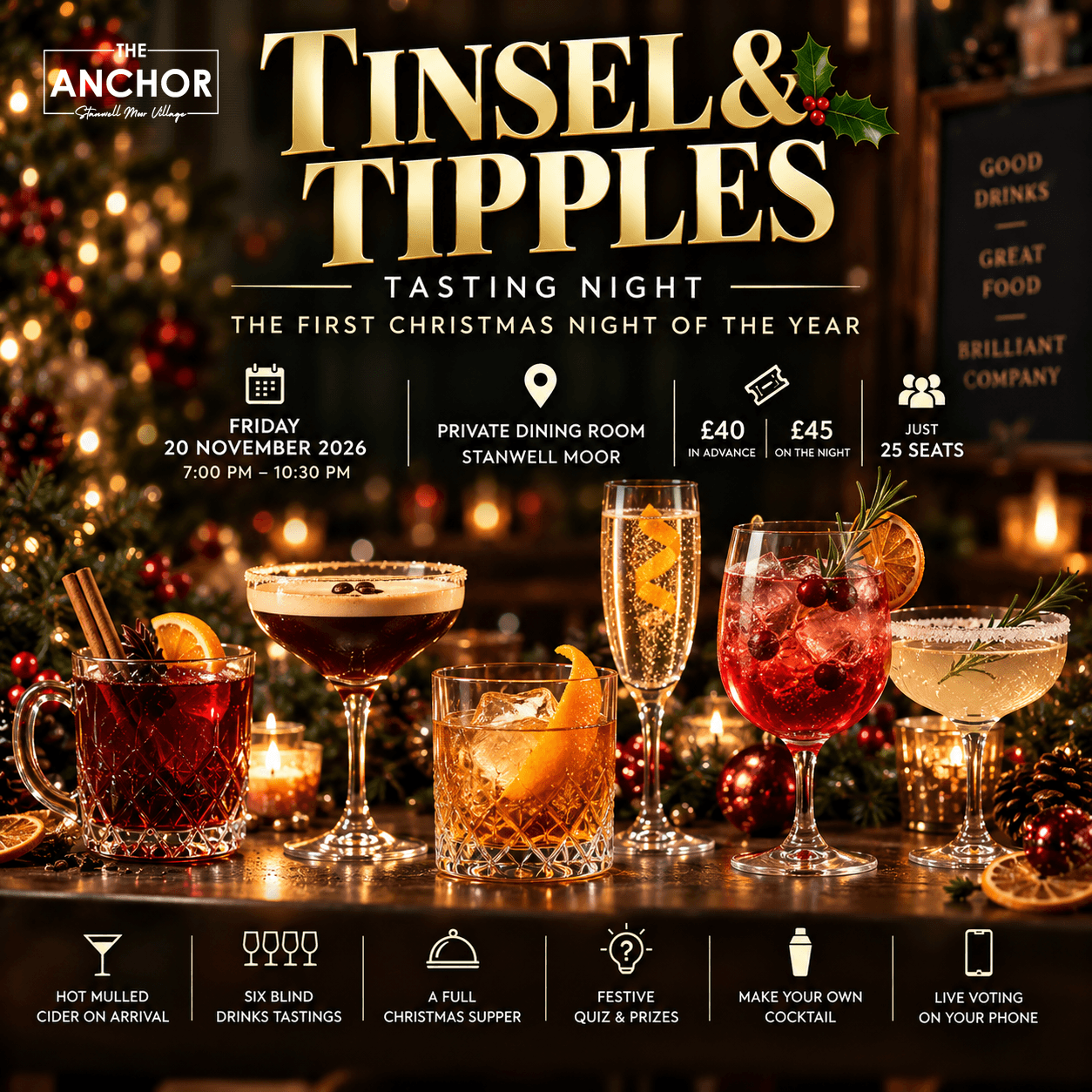 A fun Tasting Night at The Anchor featuring festive drinks and food.