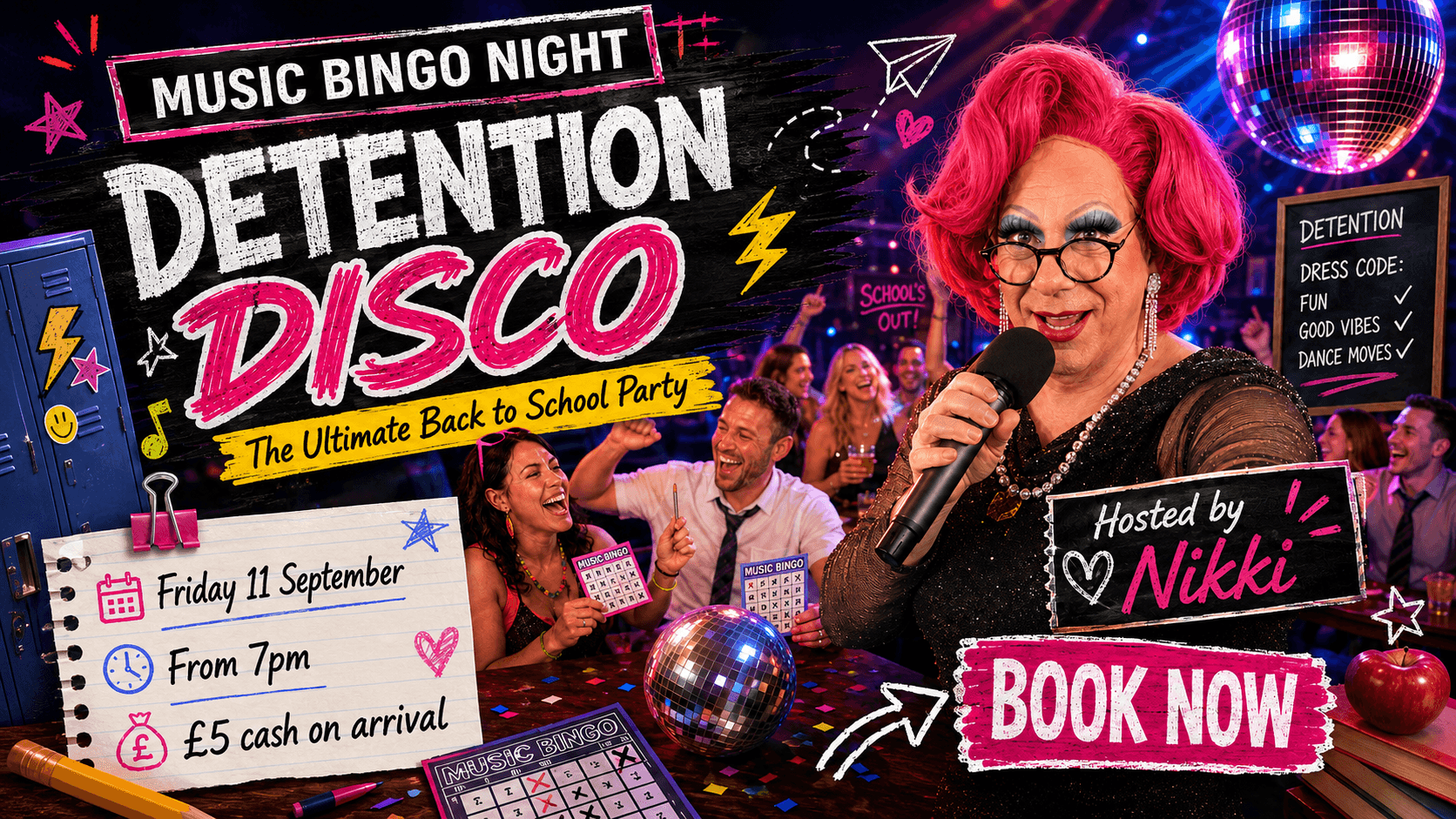 A lively scene at the Detention Disco: Back to School Music Bingo at The Anchor, with guests enjoying music and games.