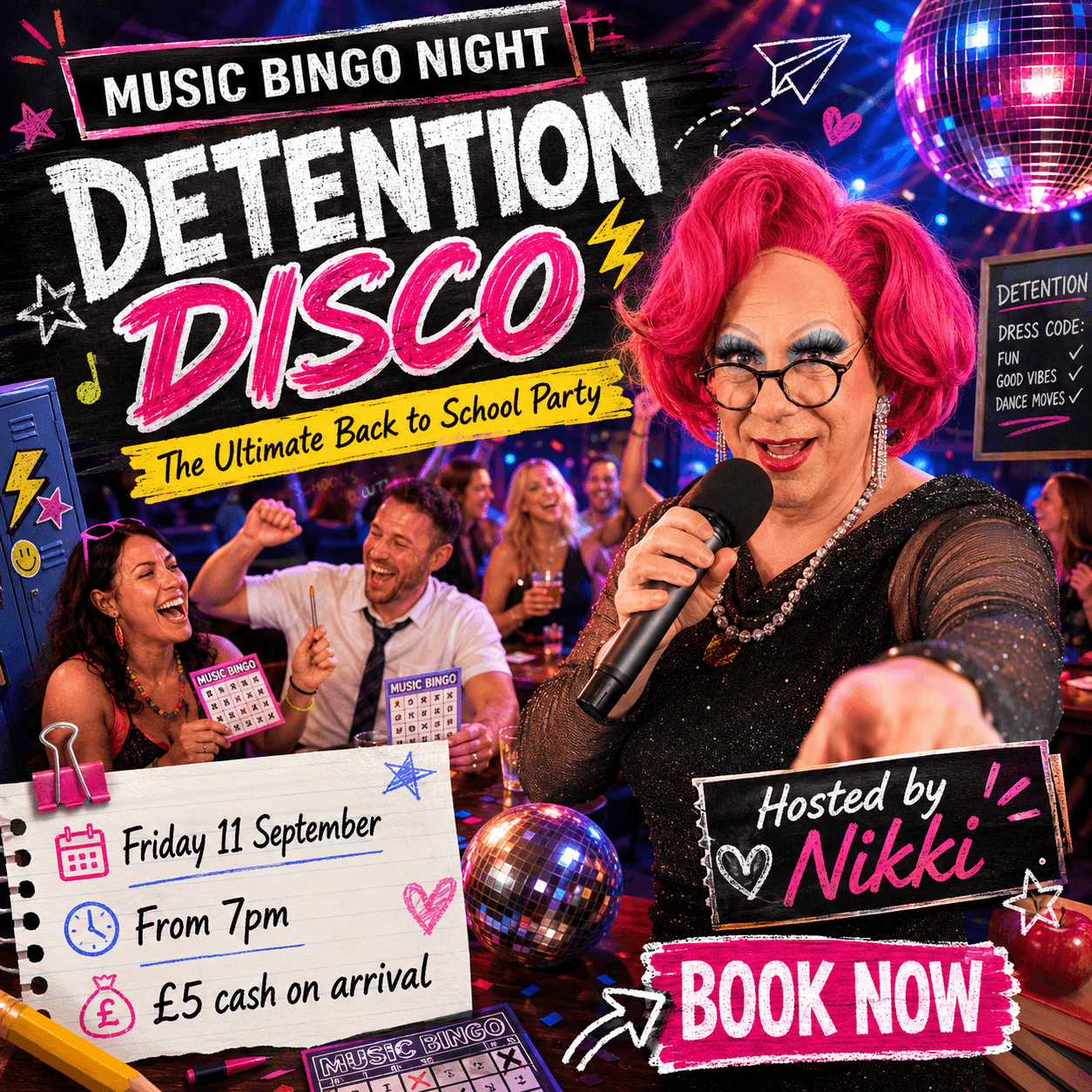 A lively scene at the Detention Disco: Back to School Music Bingo at The Anchor, with guests enjoying music and games.