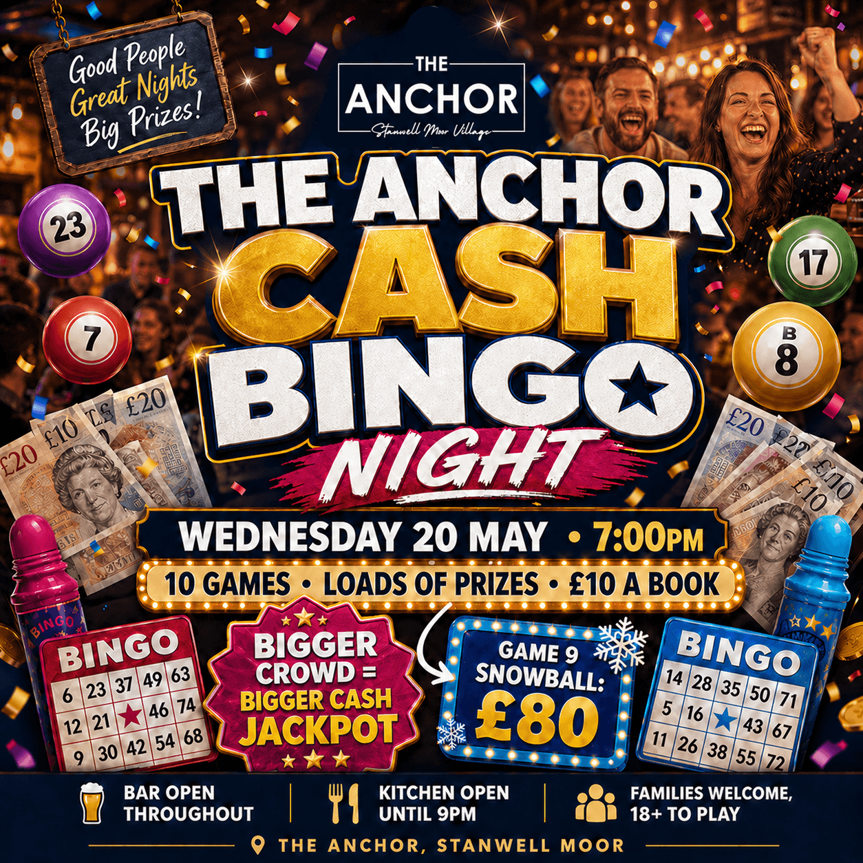 Cash bingo night at The Anchor pub near Heathrow with lively atmosphere and cash prizes