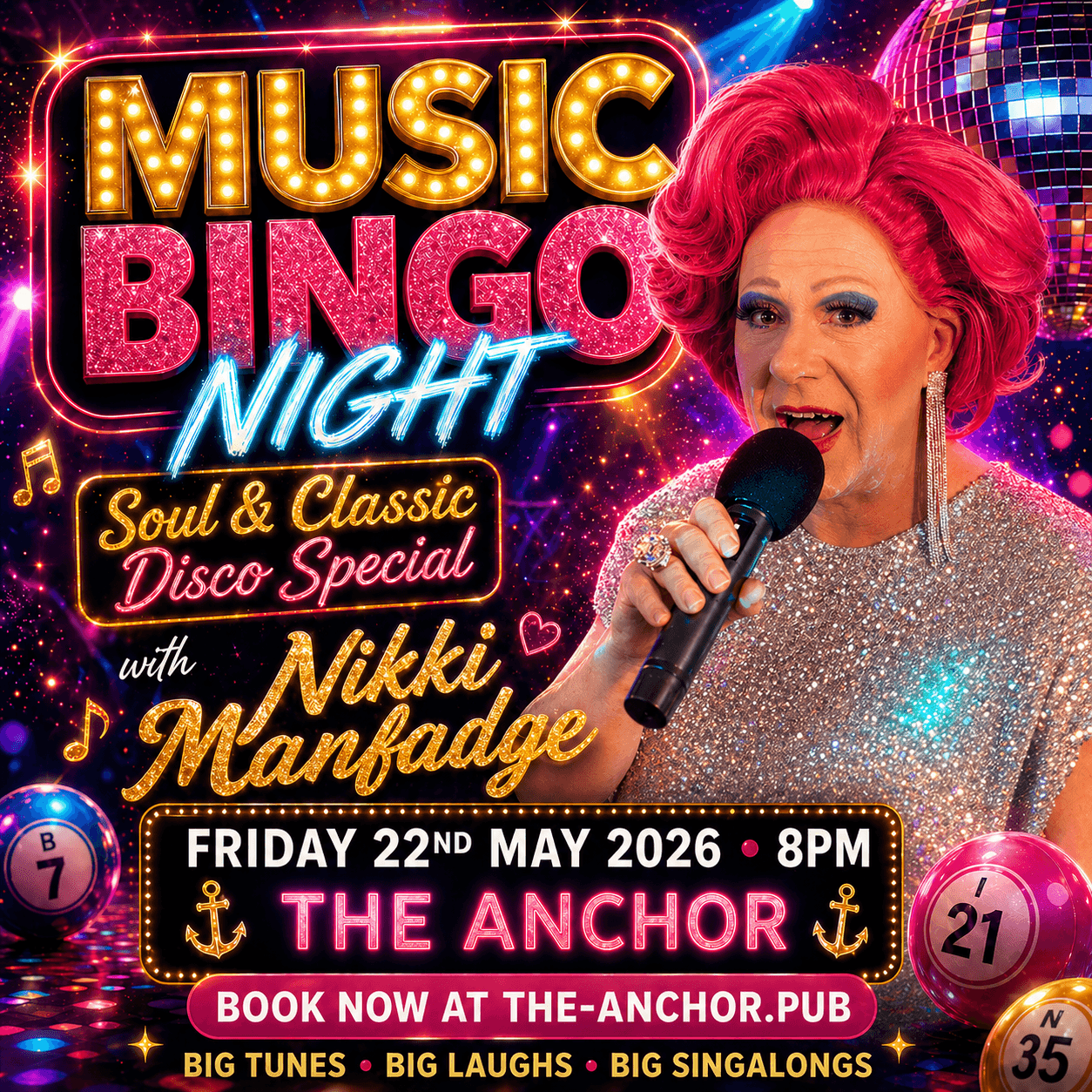 Music Bingo night at The Anchor featuring Nikki Manfadge, bringing fun and energy near Heathrow