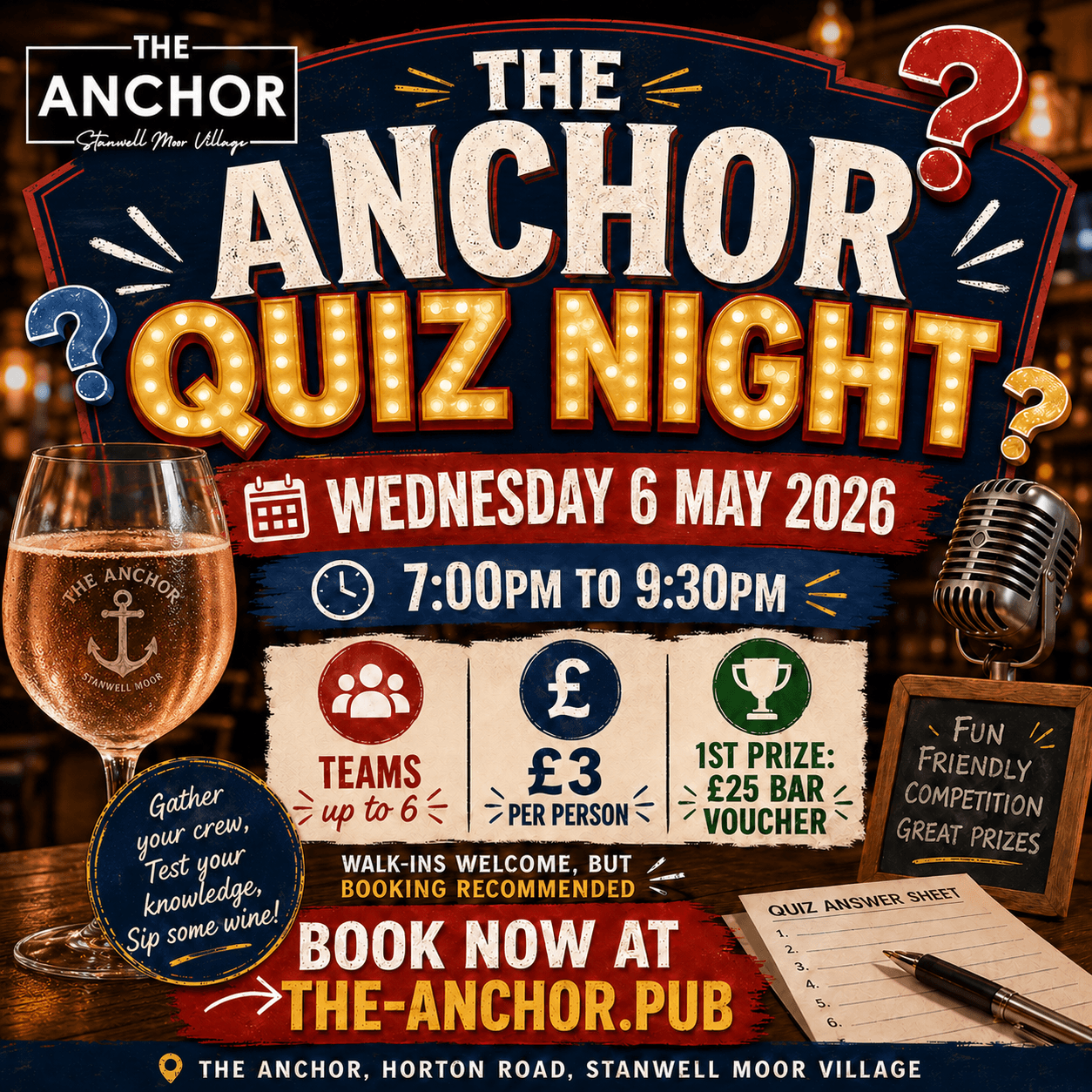 Pub quiz night at The Anchor, featuring fun trivia and friendly competition