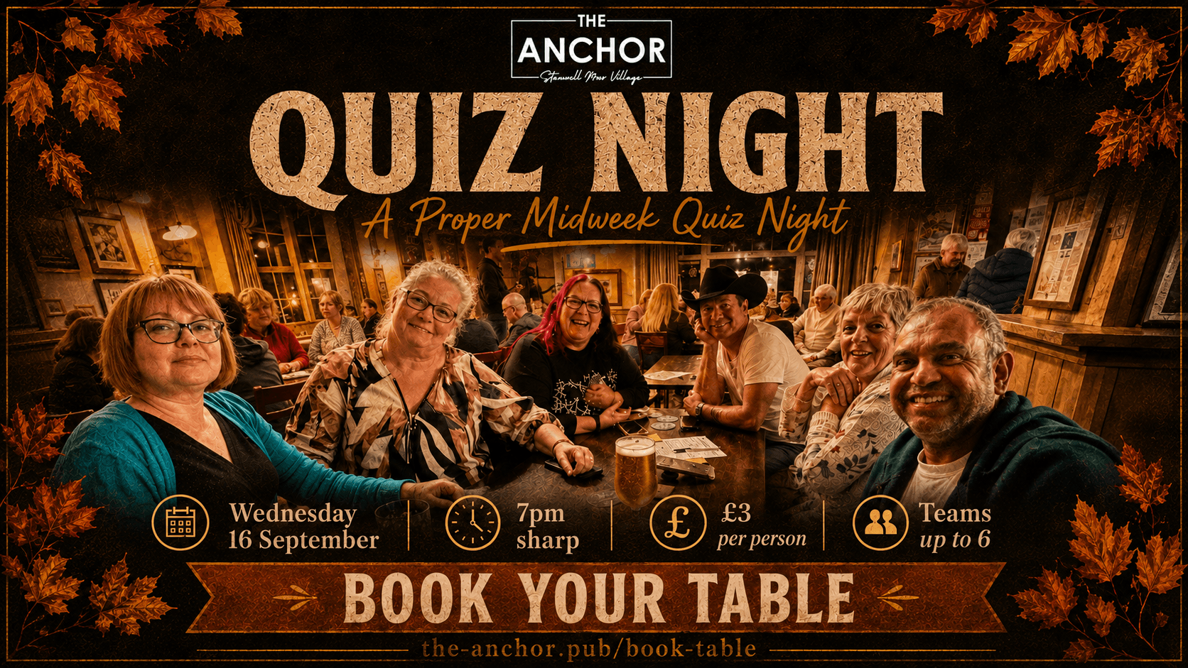 A lively quiz night at The Anchor featuring teams, drinks, and laughter as participants enjoy the Autumn Kick-Off Quiz Night.