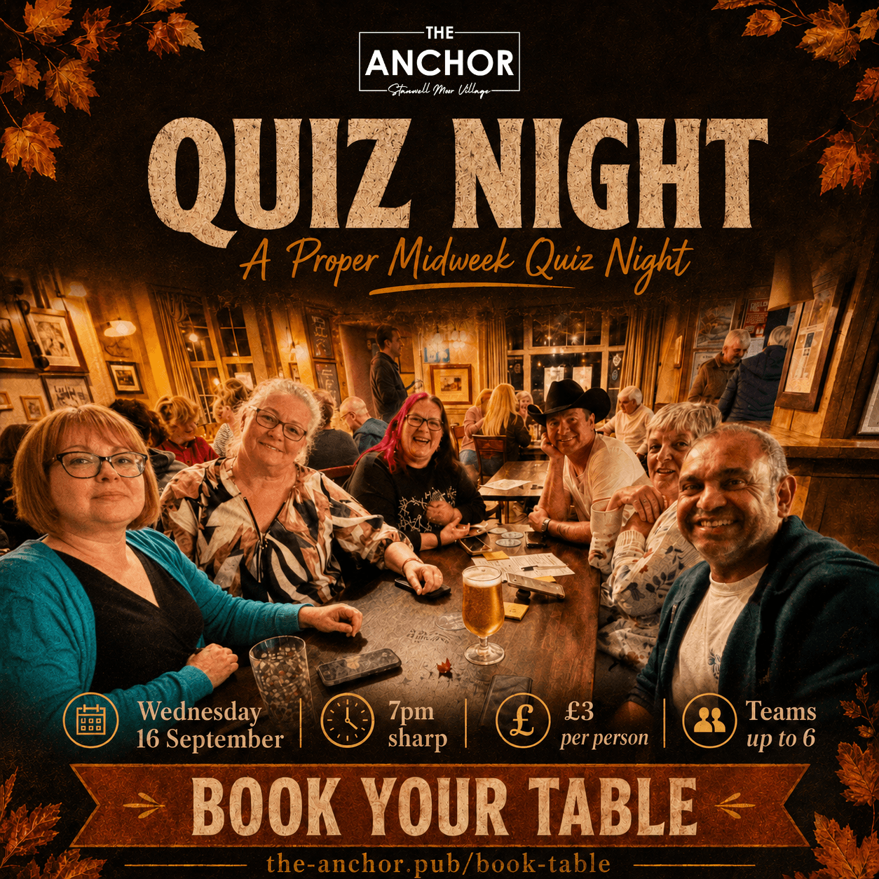 A lively quiz night at The Anchor featuring teams, drinks, and laughter as participants enjoy the Autumn Kick-Off Quiz Night.