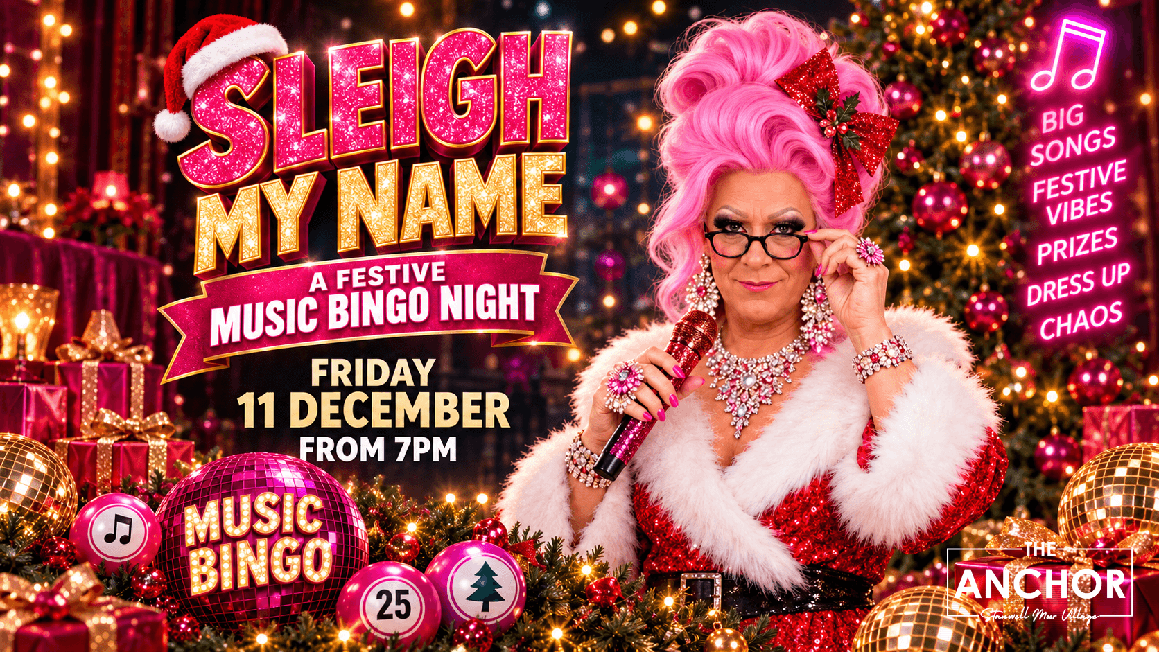 Sleigh My Name: Festive Music Bingo night at The Anchor with fun games and festive music.
