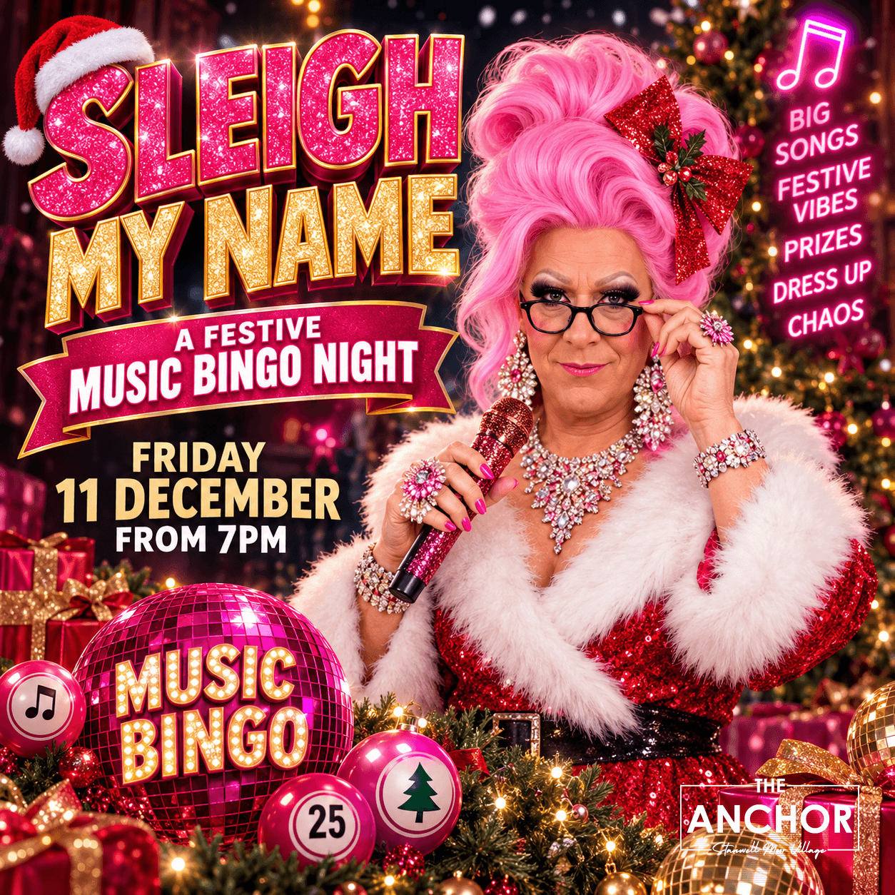 Sleigh My Name: Festive Music Bingo night at The Anchor with fun games and festive music.