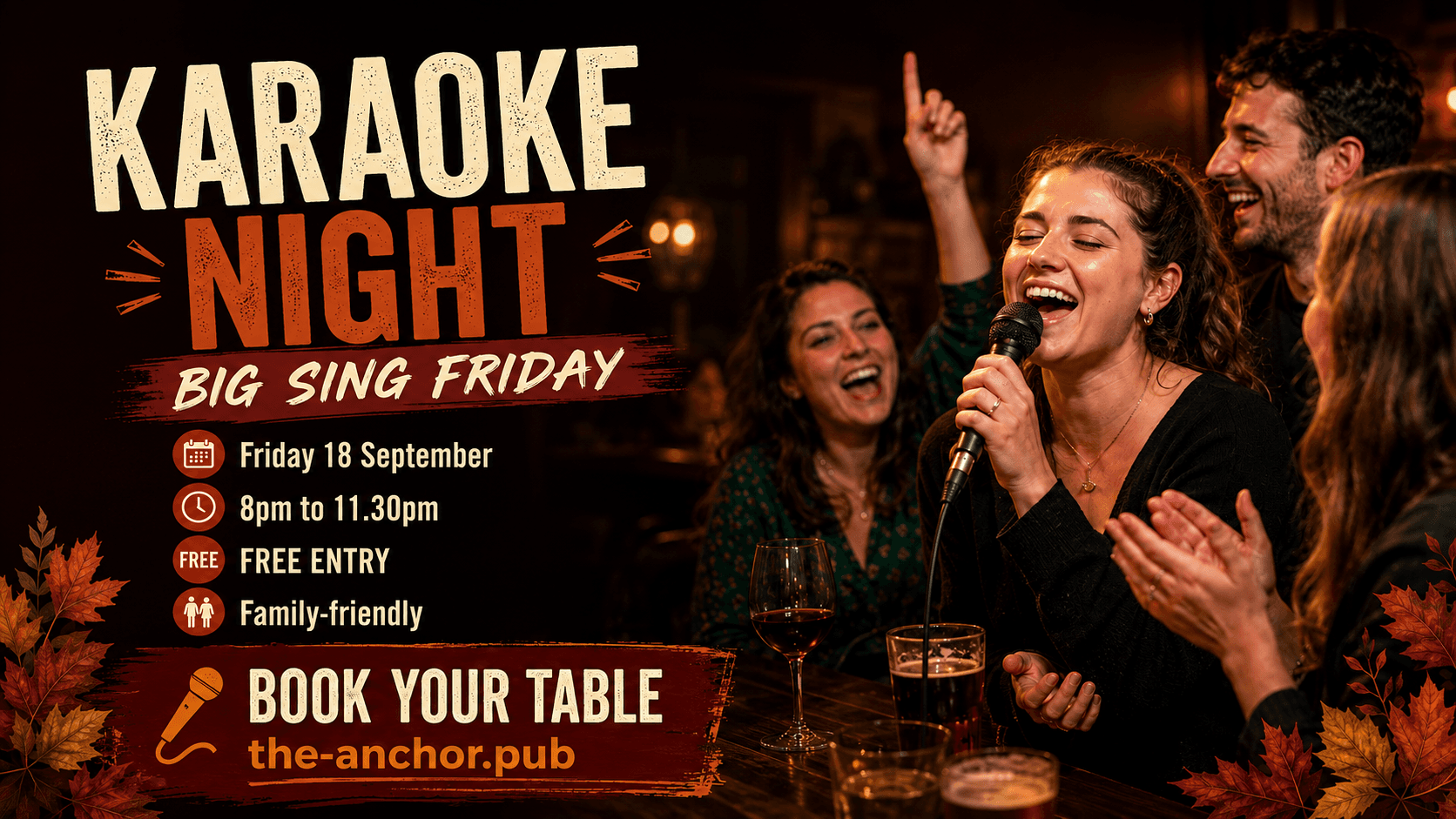 Karaoke Night singer using a microphone at The Anchor pub in Stanwell Moor