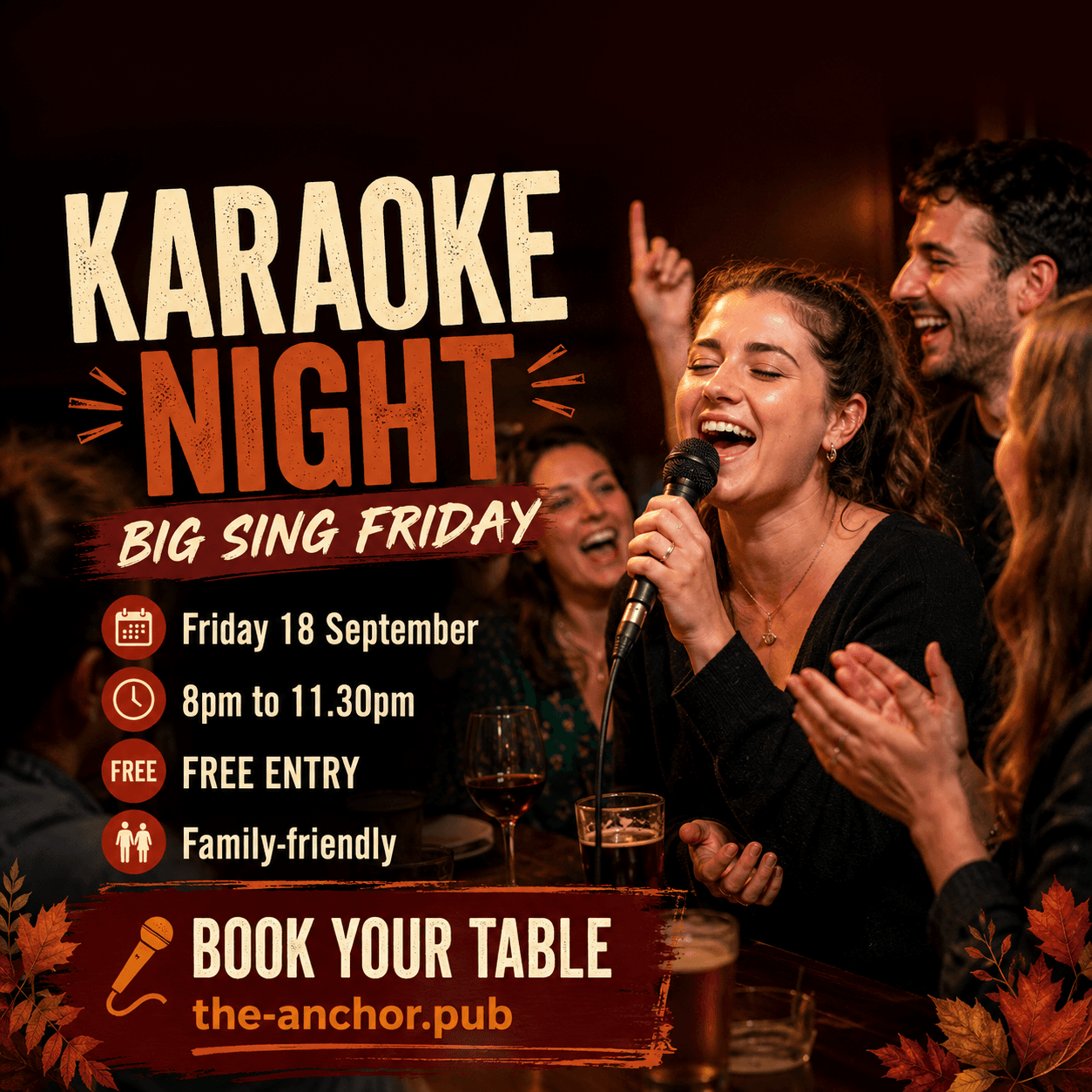 Karaoke Night singer using a microphone at The Anchor pub in Stanwell Moor