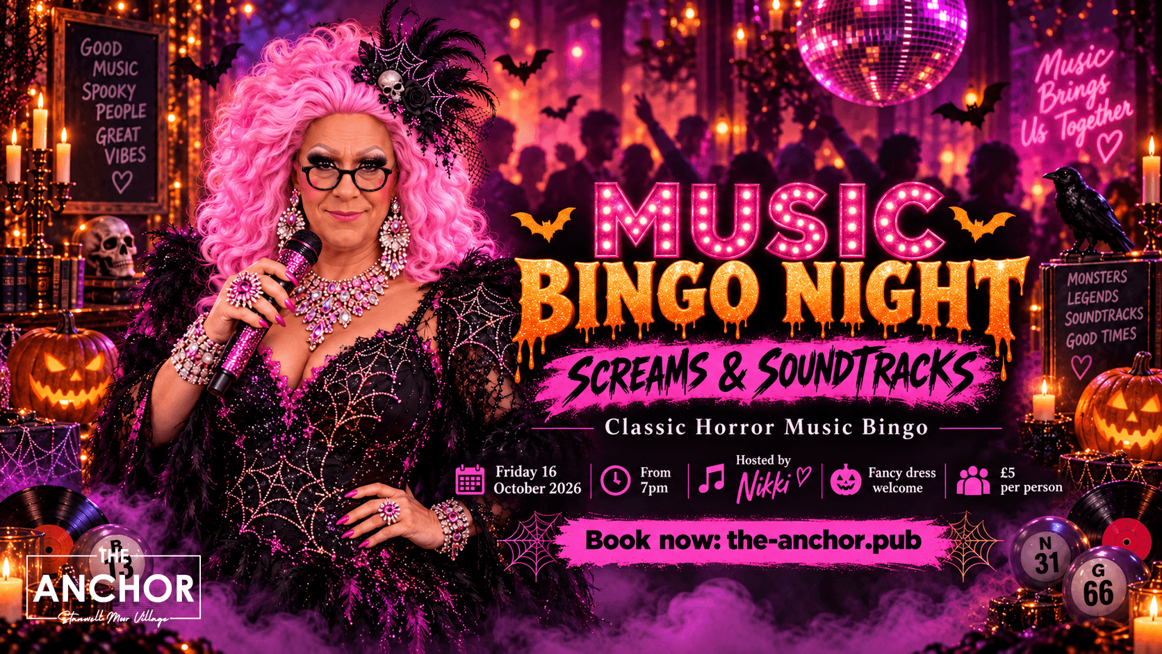Music Bingo cards and music-themed game at The Anchor pub in Stanwell Moor