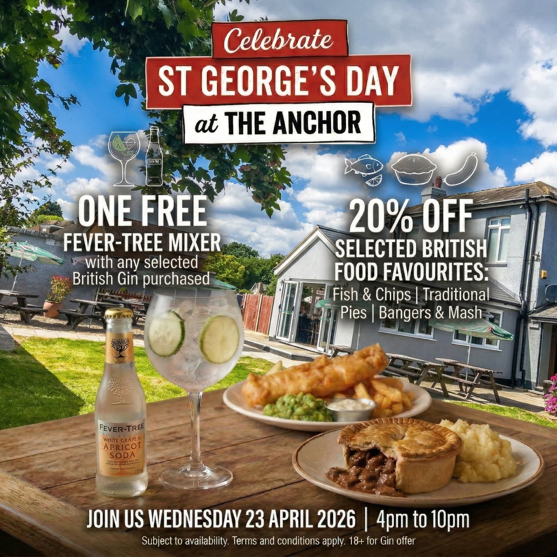 Celebrate St George's Day with free Fever-Tree mixers and British gin at The Anchor near Heathrow