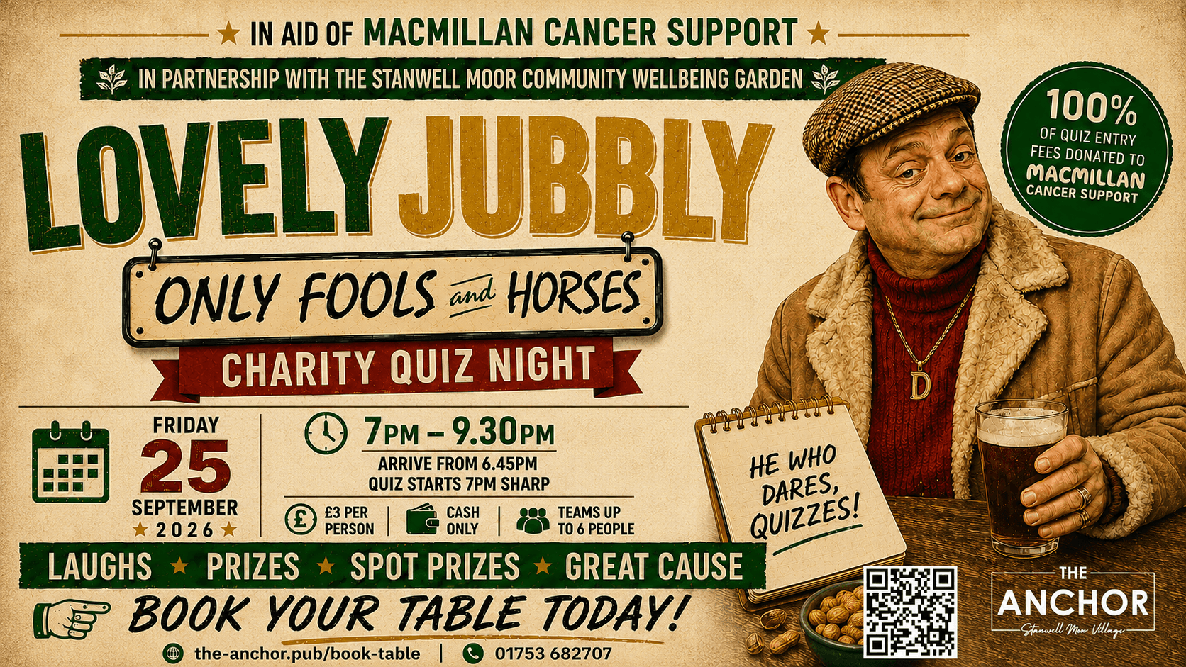 Only Fools and Horses charity quiz artwork for The Anchor and Stanwell Moor Community Wellbeing Garden, in aid of Macmillan Cancer Support