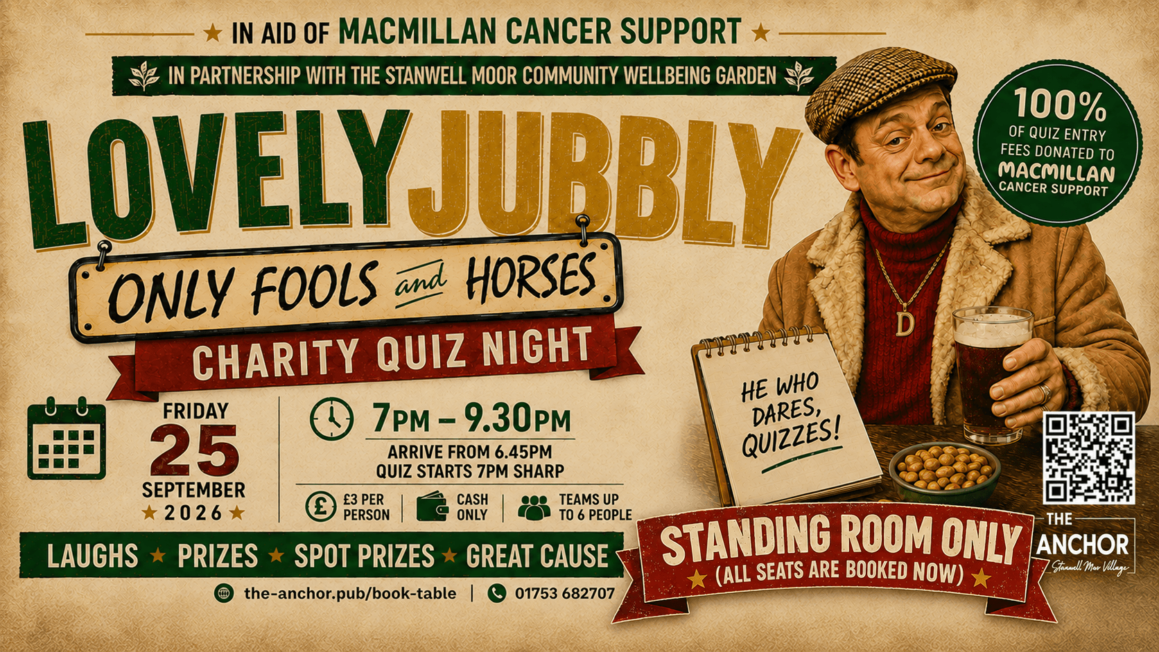 Only Fools and Horses charity quiz artwork for The Anchor and Stanwell Moor Community Wellbeing Garden, in aid of Macmillan Cancer Support
