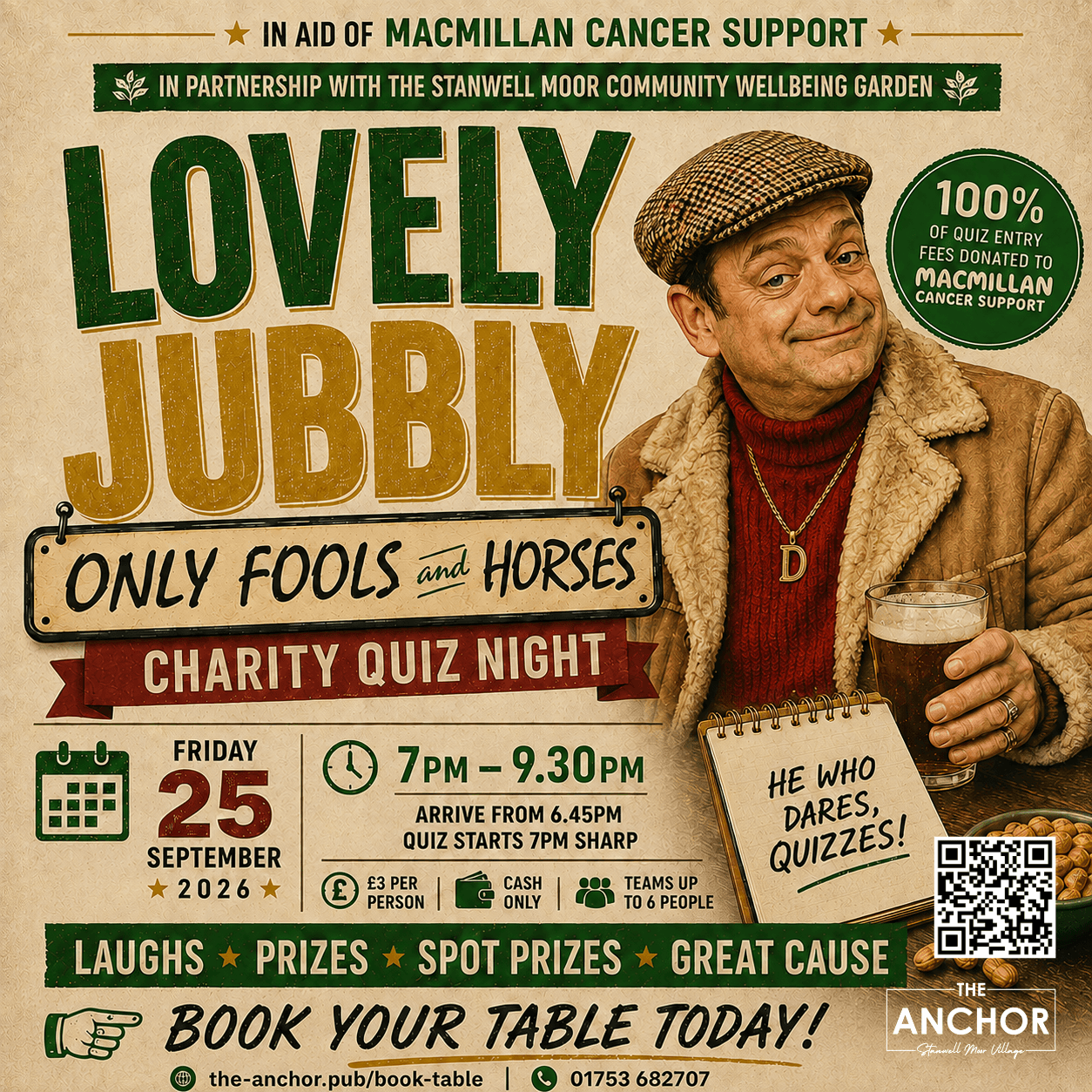 Only Fools and Horses charity quiz artwork for The Anchor and Stanwell Moor Community Wellbeing Garden, in aid of Macmillan Cancer Support